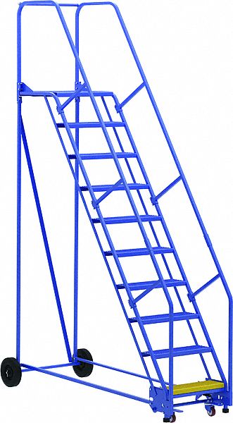 LADDER, 10-STEP/RAIL/PERFORATED/58 ° /ANSI A14.7/OSHA 1910.29, 34 1/4X130X85 3/16 IN, BLUE, STEEL