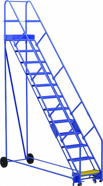 LADDER, 12-STEP/RAIL/OPEN GRIP/50 ° /ANSI A14.7/OSHA 1910.29, 34 1/4X156X110 7/8 IN, BLUE, STEEL