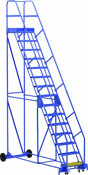 LADDER, 15-STEP/RAIL/OPEN GRIP/58 ° /ANSI A14.7/OSHA 1910.29, 42 1/4X186X115 IN, BLUE, STEEL
