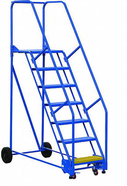 LADDER, ROLLING/7 STEP/PERFORATED/58 ° /ANSI A14.7/OSHA 1910.29, 34 1/4X100X66 15/16IN, BLUE, STEEL