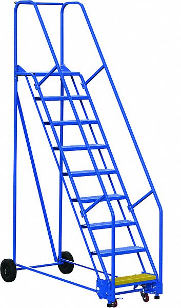 LADDER, ROLLING/9 STEP/PERFORATED/58 ° /ANSI A14.7/OSHA 1910.29, 34 1/4X120X72 11/16IN, BLUE, STEEL