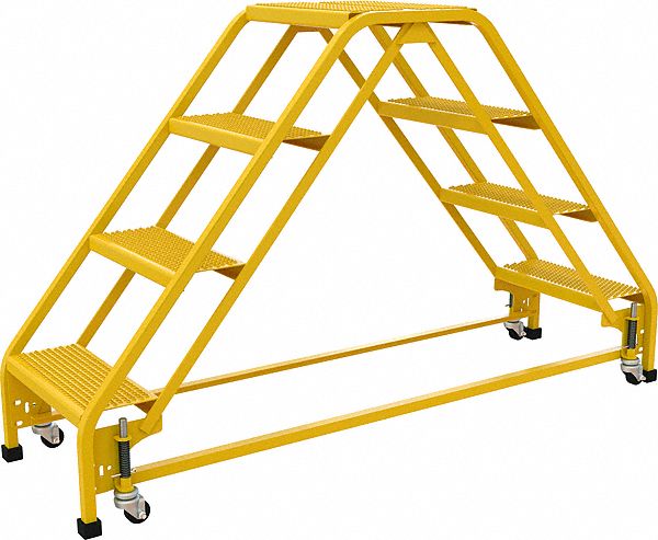 LADDER, ALL DIRECTION/4-STEP/50 ° /CASTER/REAR EXIT/PERFORATED, 19 5/16X40X65 9/16 IN, YLW, STEEL