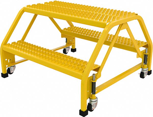 LADDER, ALL DIRECTION/2-STEP/50 ° /CASTER/REAR EXIT/OPEN GRIP, 32 3/4X20X32 1/16 IN, YLW, STEEL