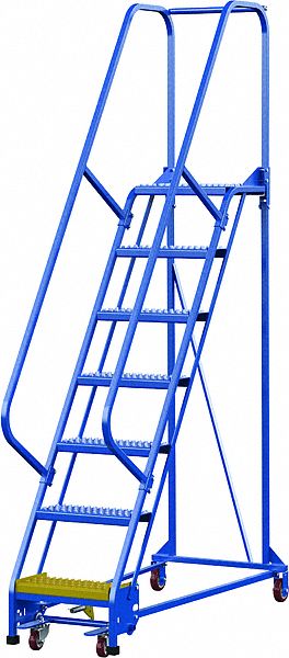 LADDER, ROLLING/7-STEP/RAIL/58 ° /OPEN GRIP/350LB LD CAP, 23-13/16X100X56-1/4 IN, BLUE, STEEL