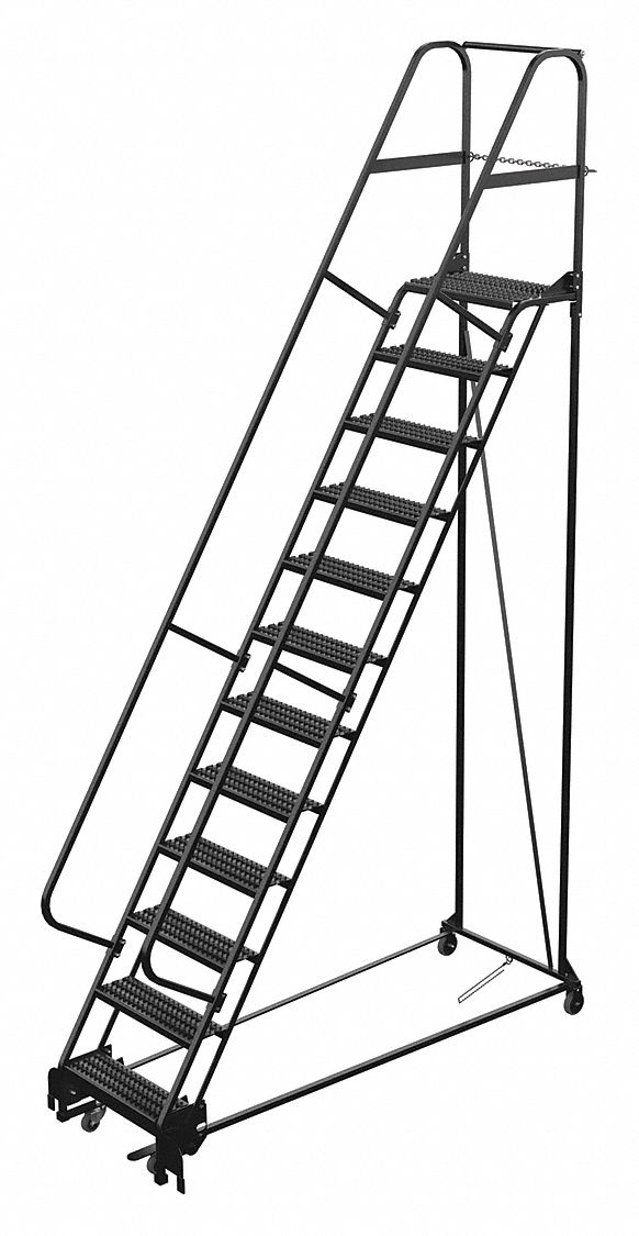 LADDER, ESD, ROLLING, 12-STEP/RAIL/OPEN GRIP/58 ° /350 LD CAP, 33-9/16X156X87-5/8 IN, BLACK, STEEL