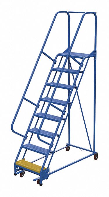 LADDER, ROLLING, 8-STEP/RAIL/PERFORATED/58 ° /350 LD CAP, 29-3/4X110X63-3/16 IN, BLUE, STEEL