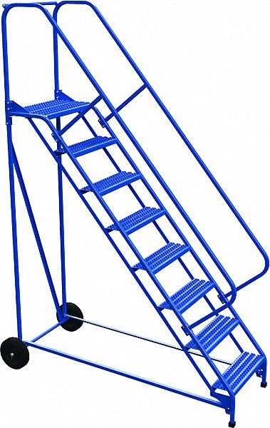LADDER, ROLL/FOLD, 8-STEP/OPEN GRIP/50 ° /RAIL, 34-1/4X110X77 IN, BLUE, STEEL