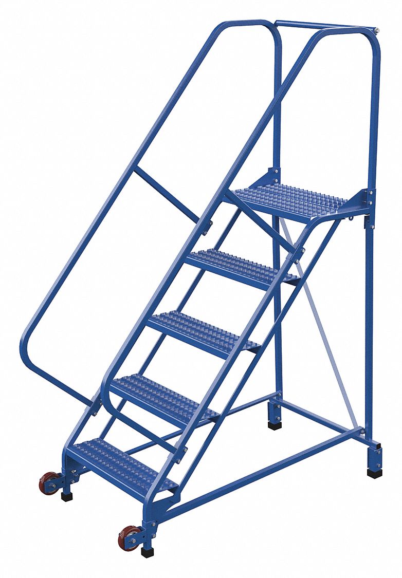 LADDER, TILT/ROLL, 5-STEP/50 ° /RAIL/OPEN GRIP/350 LD CAP, 29-1/2X80X55-1/2 IN, BLUE, STEEL