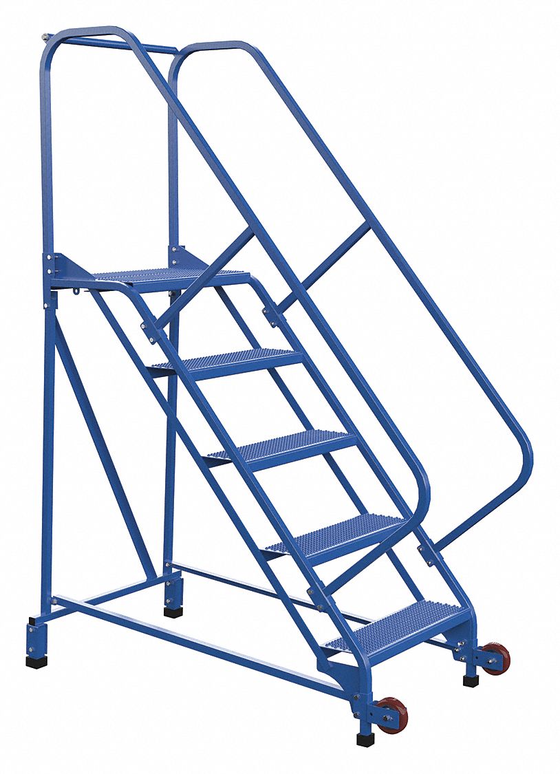 LADDER, TILT/ROLL, 5-STEP/50 ° /RAIL/PERFORATED/350 LD CAP, 29-1/2X80X55-1/2 IN, BLUE, STEEL