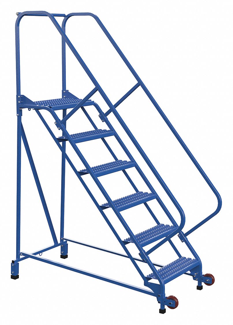 LADDER, TILT/ROLL, 6-STEP/50 ° /RAIL/OPEN GRIP/350 LD CAP, 29-1/2X90X63-3/16 IN, BLUE, STEEL