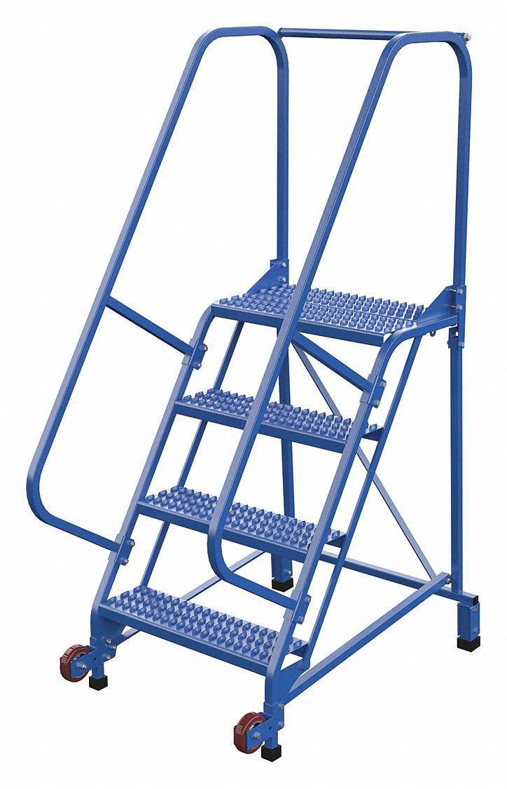 LADDER, TILT/ROLL, 4-STEP/58 ° /RAIL/OPEN GRIP/350 LD CAP, 29-1/2X70X42-1/16 IN, BLUE, STEEL