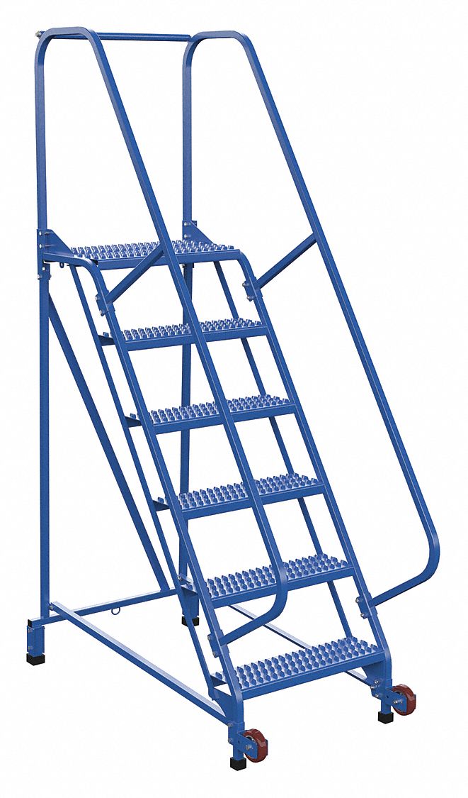 LADDER, TILT/ROLL, 6-STEP/58 ° /RAIL/OPEN GRIP/350 LD CAP, 29-1/2X90X54-5/16 IN, BLUE, STEEL