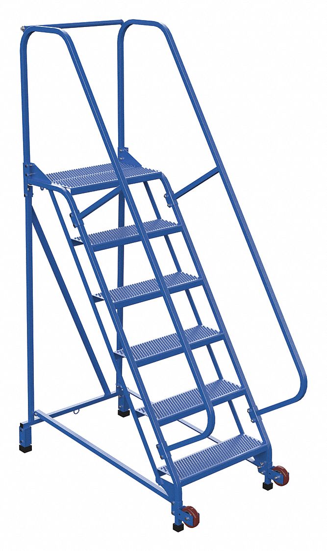 LADDER, TILT/ROLL, 6-STEP/58 ° /RAIL/PERFORATED/350 LD CAP, 29-1/2X90X54-5/16 IN, BLUE, STEEL