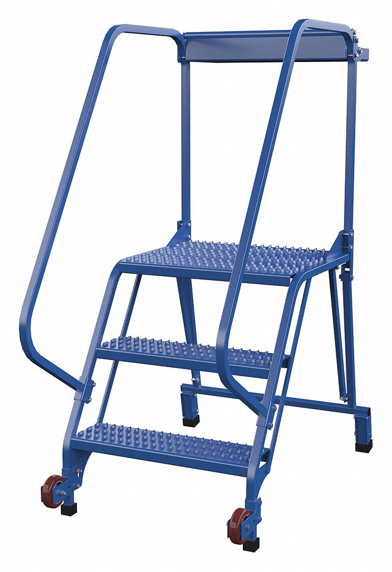 LADDER, TILT AND ROLL/3-STEP/RAIL/58 ° /OPEN GRIP, 29-1/2X60X50-7/16, POWDER COATED BLUE, STEEL