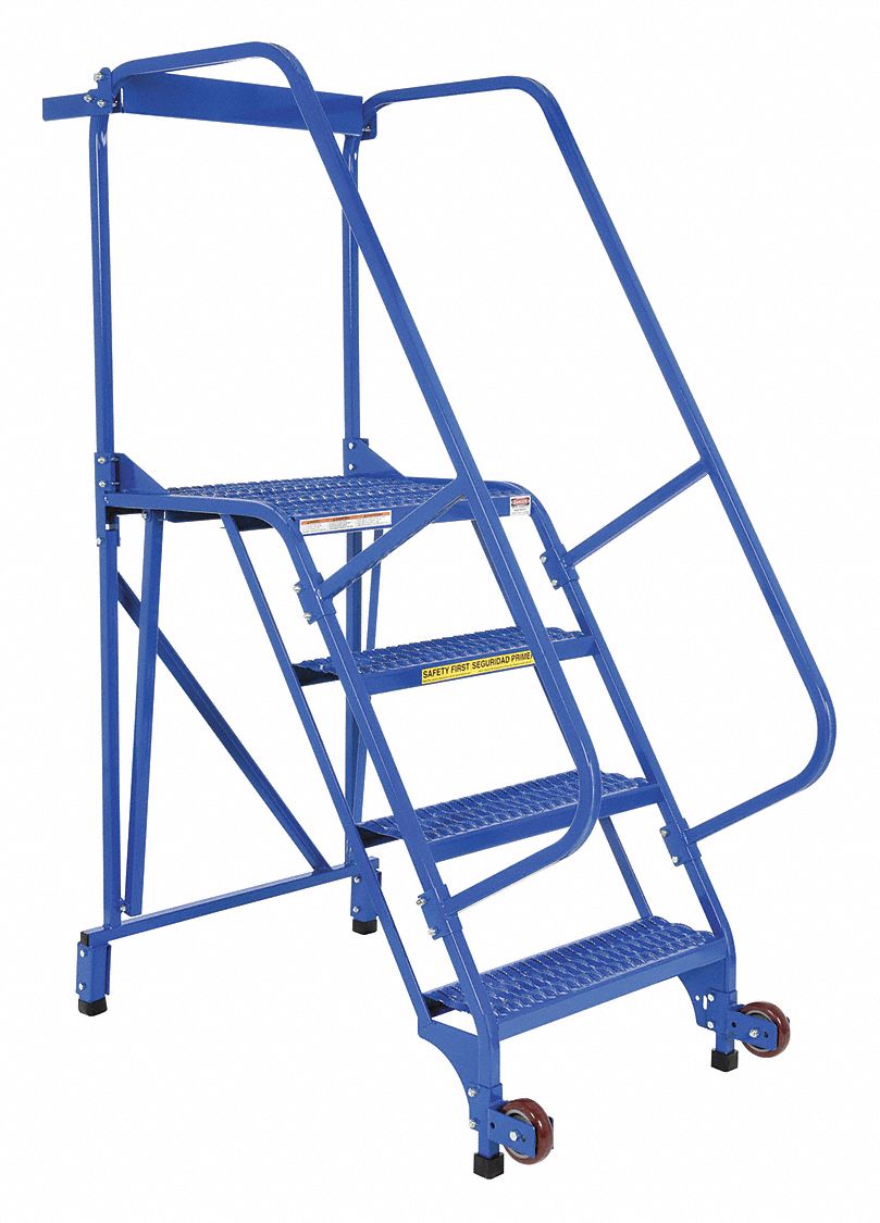 LADDER, TILT AND ROLL/4-STEP/RAIL/58 ° /OPEN GRIP, 29-1/2X70X55-3/4, POWDER COATED BLUE, STEEL