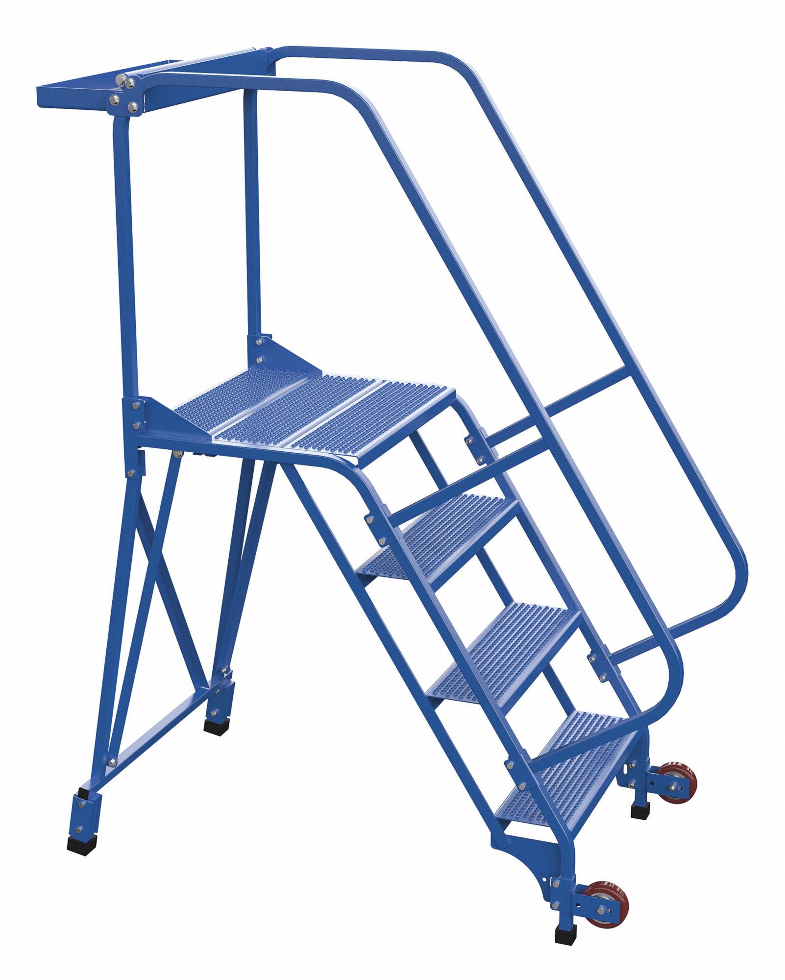 LADDER, TILT AND ROLL/4-STEP/RAIL/58 ° /PERFORATED, 29-1/2X70X55-3/4, POWDER COATED BLUE, STEEL