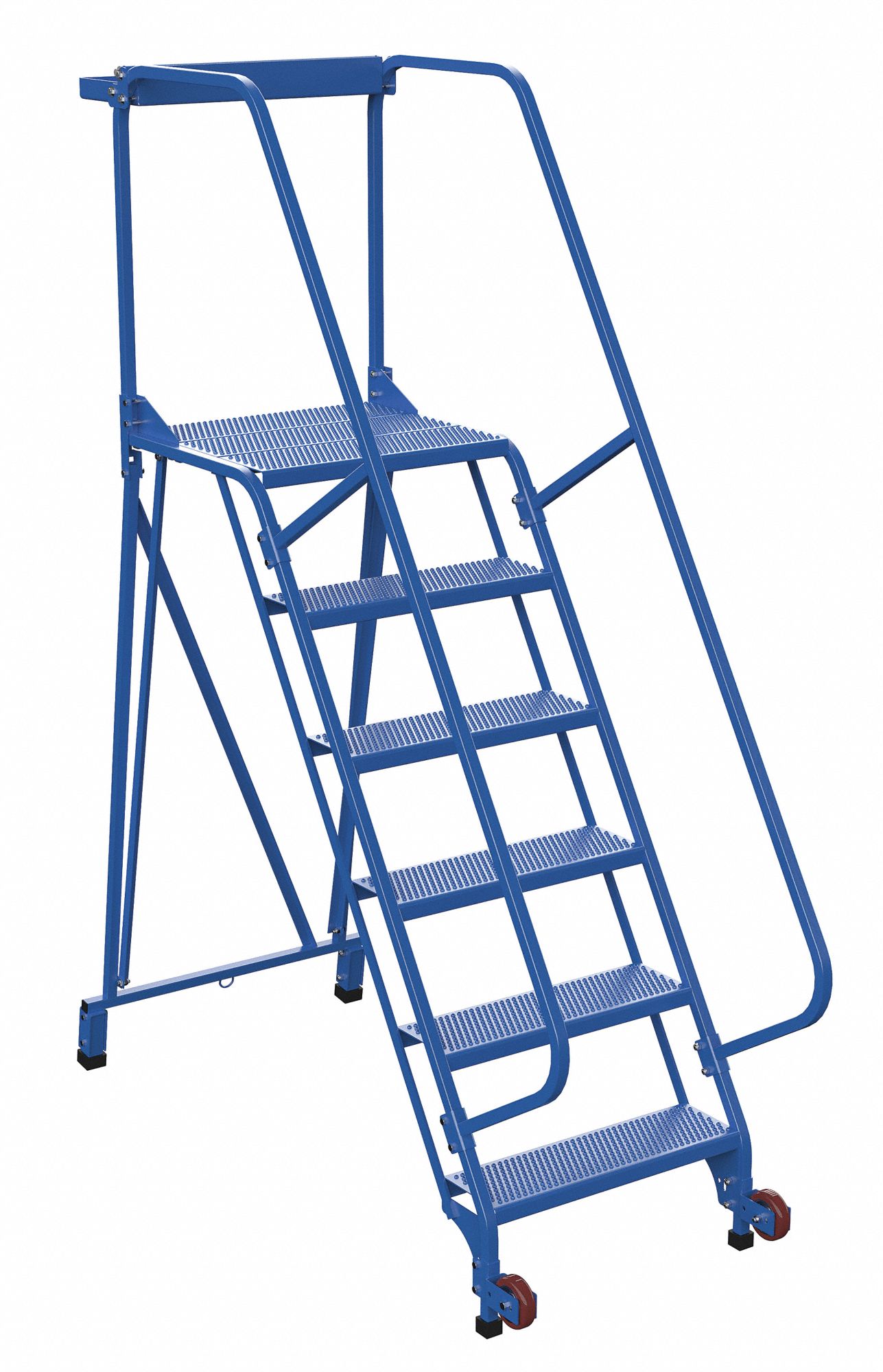 LADDER, TILT AND ROLL/6-STEP/RAIL/58 ° /PERFORATED, 29-1/2X90X68-1/4, POWDER COATED BLUE, STEEL