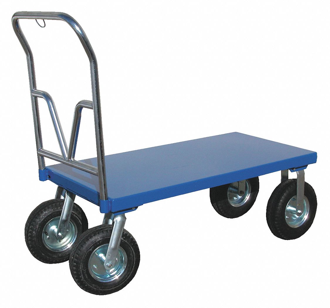 PNEUMATIC TIRE STEEL PLATFORM TRUCK, BLUE, 30 IN W X 46 5/16 IN H, STEEL, 12 IN WHEEL DIAMETER, REMOVABLE HANDLE