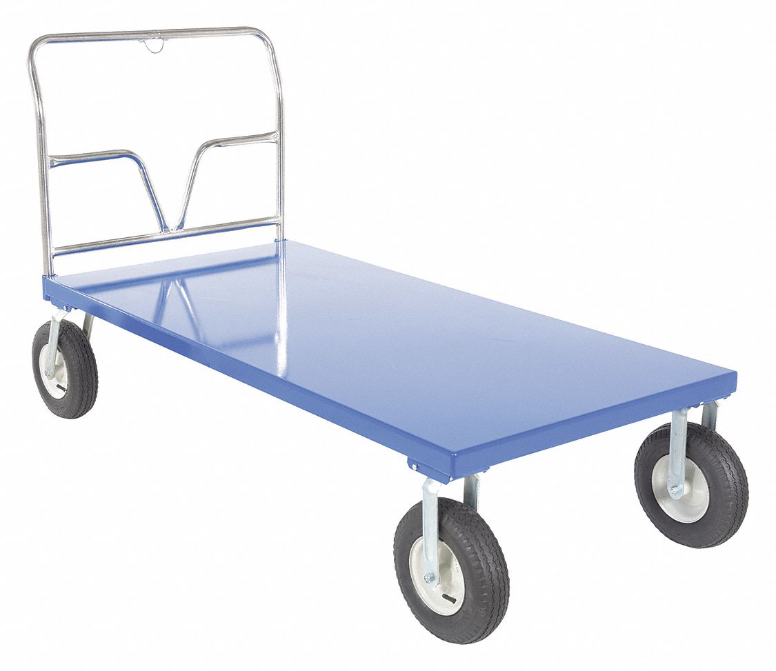 PNEUMATIC TIRE STEEL PLATFORM TRUCK, BLUE, 36 IN W X 46 5/16 IN H, STEEL, 12 IN WHEEL DIAMETER, REMOVABLE HANDLE