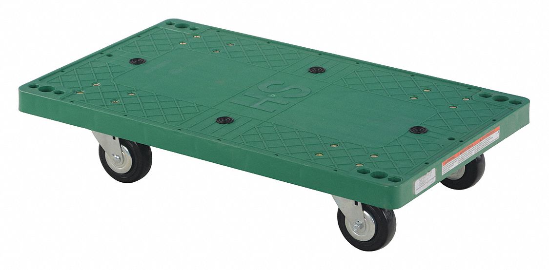 PLASTIC DOLLY, GREEN, 500 LB LOAD CAPACITY, 4 IN CASTER WHEEL DIAMETER, 500 LB LOAD CAPACITY