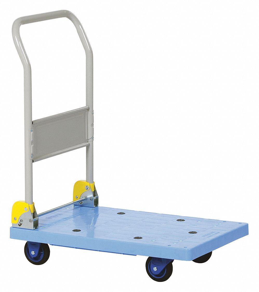 PLASTIC PLATFORM TRUCK, BLUE, 17⅞ X 34 X 27⅞ IN, STEEL, 330 LB LOAD CAPACITY, 4 IN WHEEL DIAMETER, FOLDING HANDLE