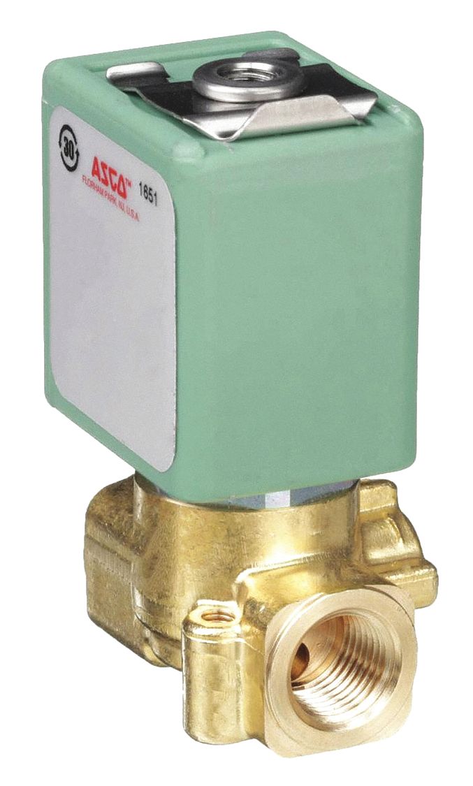 Solenoid Valve: 3-Way, Normally Closed, 1/8 in Pipe Size, 24V AC, Compact, Brass Body, DIN