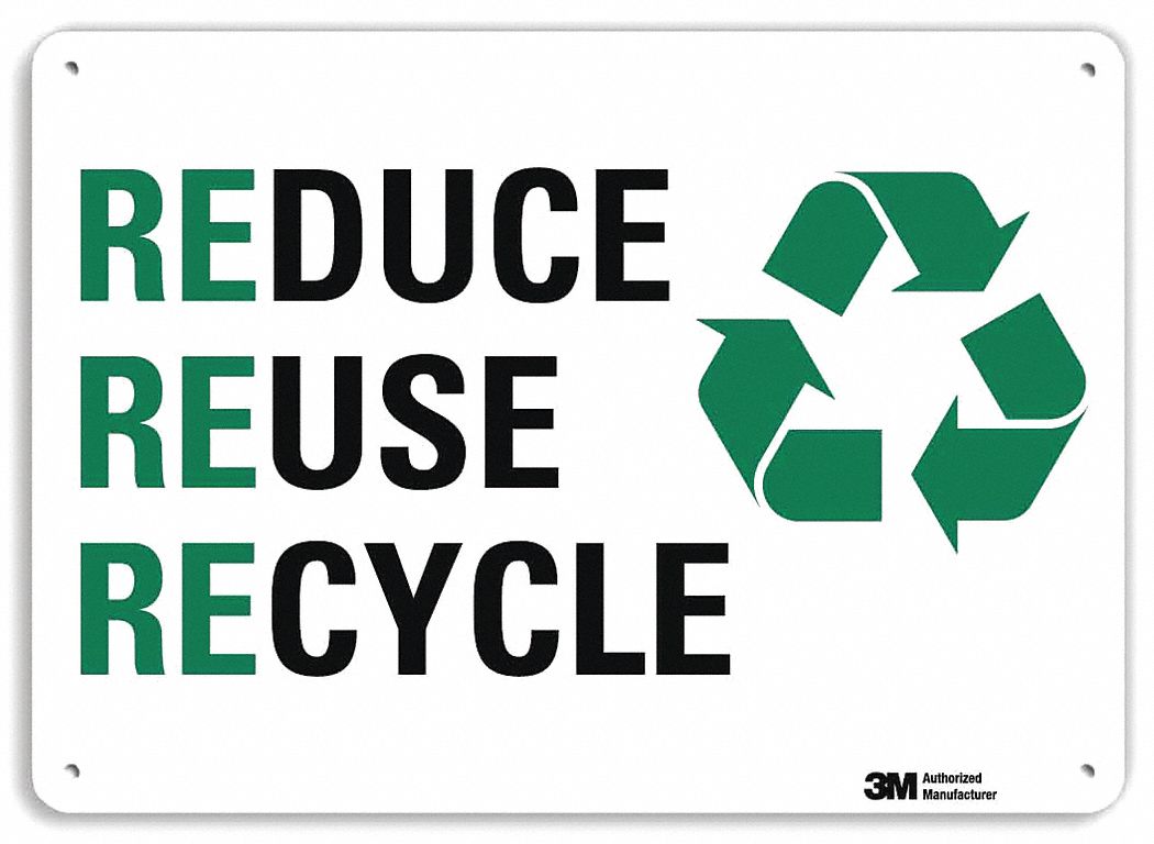 Recycling Sign: Aluminum, Mounting Holes Sign Mounting, 10 in x 14 in Nominal Sign Size, No Header