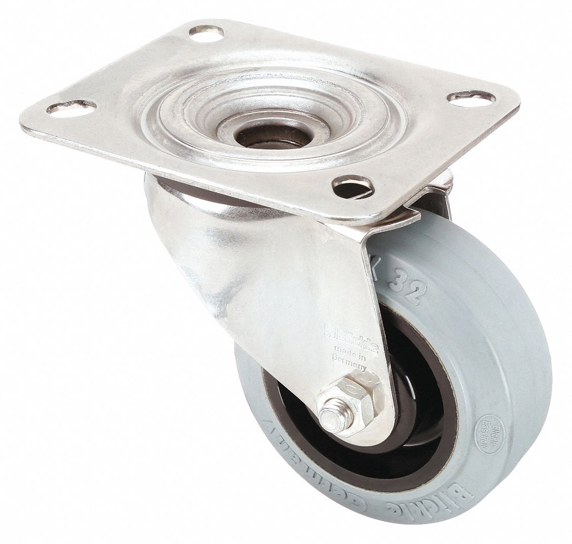 Plate Caster: Corrosion-Resistant/Debris-Resistant, Swivel, Rubber, 4 in Mounting Ht