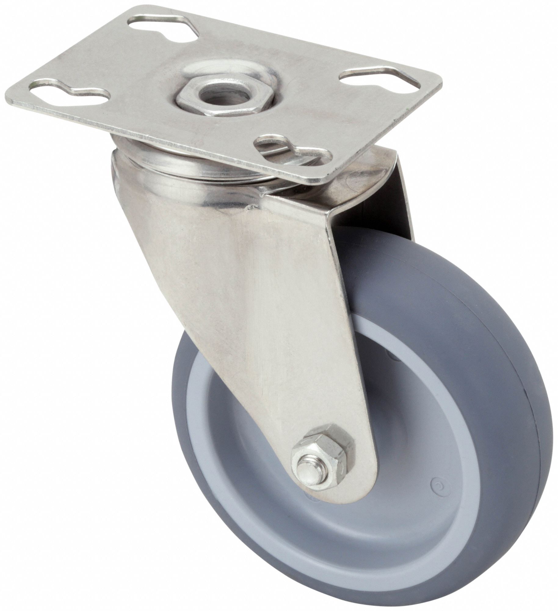 Plate Caster: Corrosion-Resistant, Swivel, Rubber, 4 in Wheel Dia, 1 1/4 in Wheel Wd