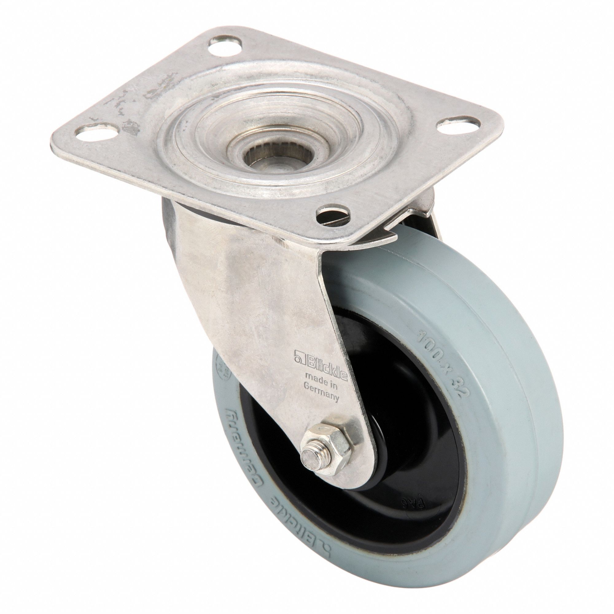 Plate Caster: Corrosion-Resistant/Debris-Resistant, Swivel, Rubber, 4 in Wheel Dia