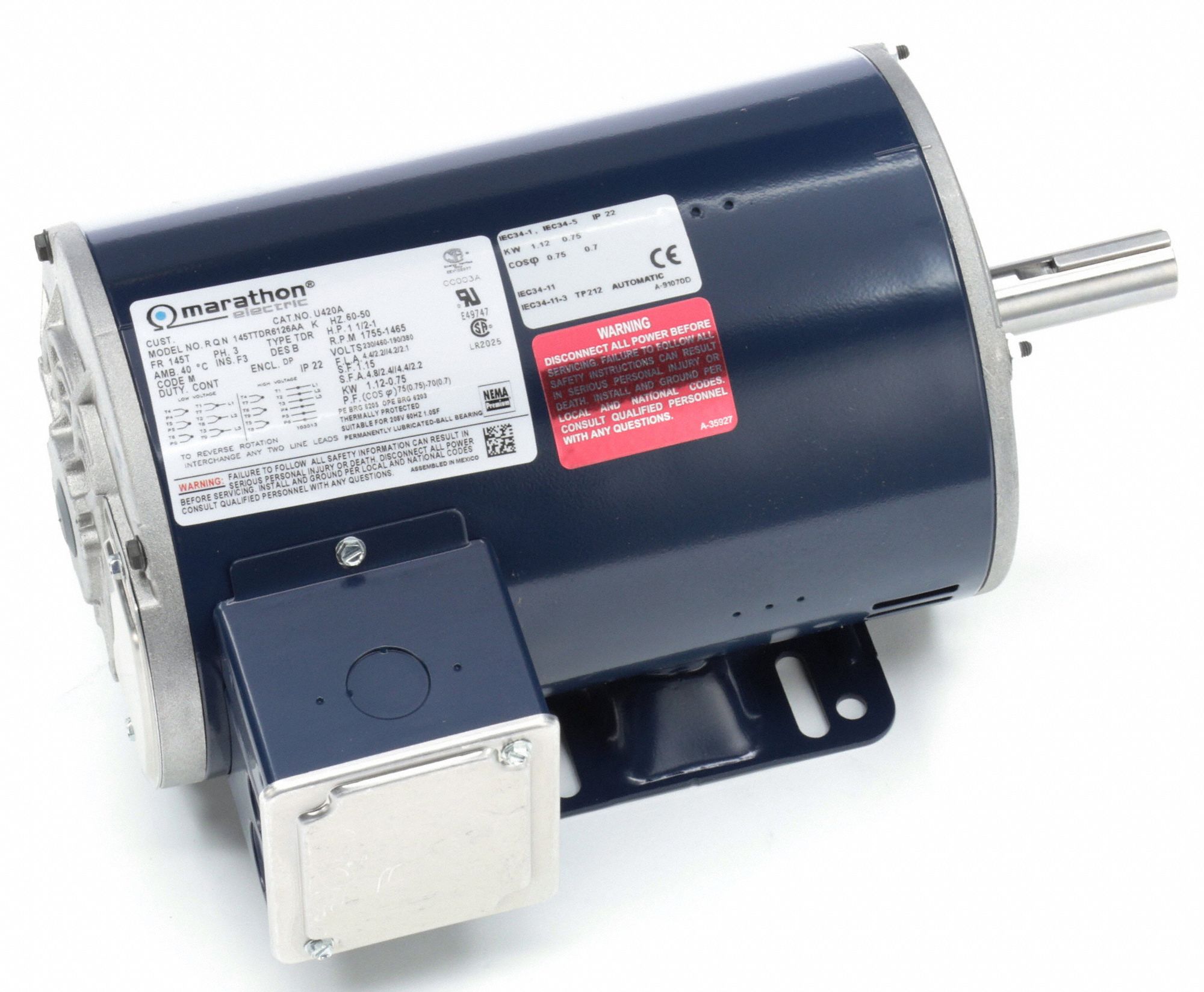 MARATHON MOTORS General Purpose Motor, 1 1/2 HP, 3Phase, Nameplate RPM