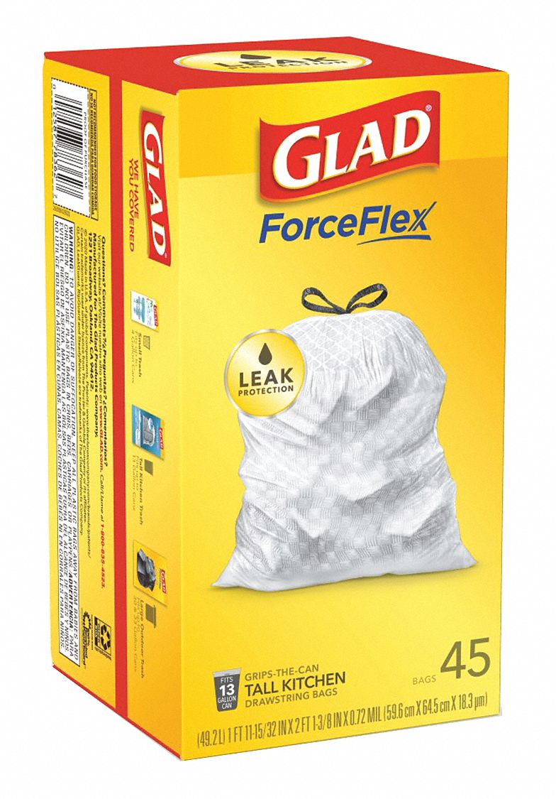 GLAD Trash Bag, 13 gal, LLDPE, Coreless Roll, White, PK 45 44ZC22