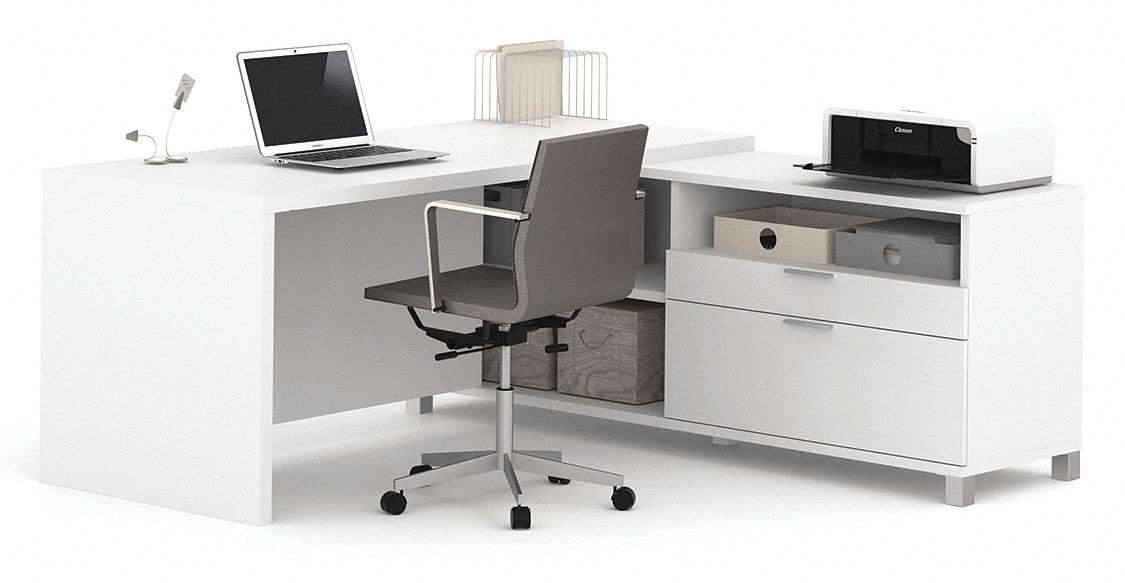 L-Shaped Office Desk: White, 71 1/8 in Overall Wd, 71 1/8 in Overall Dp, White