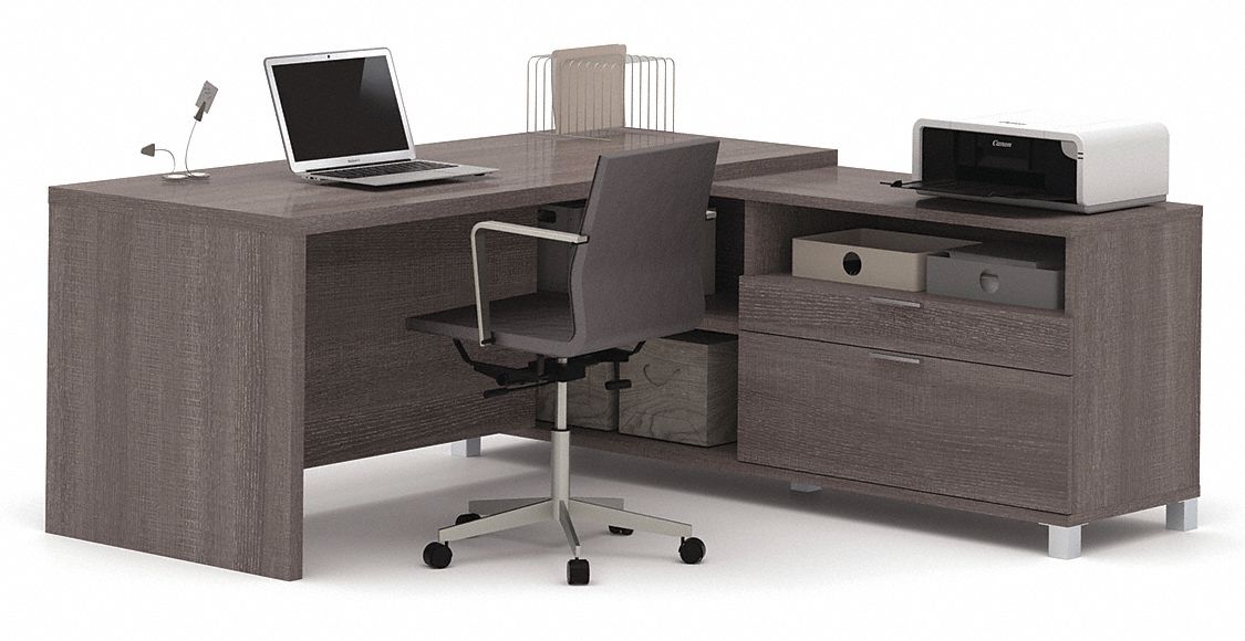 L-Shaped Office Desk: Bark Grey, 71 1/8 in Overall Wd, 71 1/8 in Overall Dp, Bark Grey
