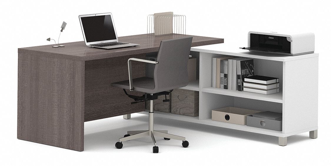 L-Shaped Office Desk: Bark Grey/White, 71 1/8 in Overall Wd, 71 1/8 in Overall Dp