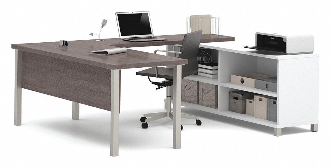 BESTAR, Bark Grey/White, 71 1/8 in Overall Wd, U-Shaped Office Desk ...