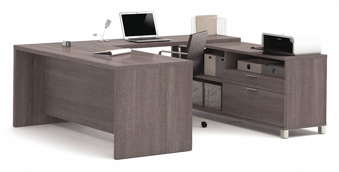 U-Shaped Office Desk: Bark Grey, 71 1/8 in Overall Wd, 89 in Overall Dp, Bark Grey