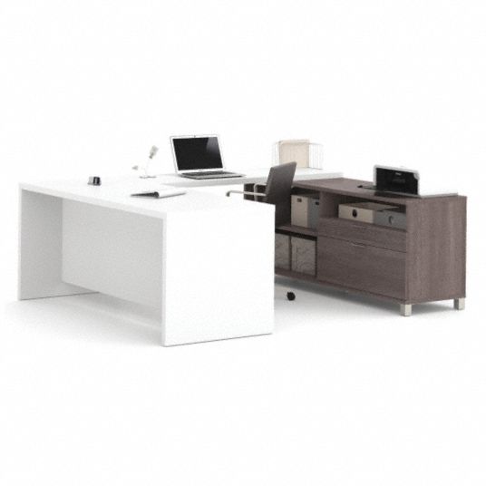 BESTAR, Bark Grey/White, 71 1/8 in Overall Wd, U-Shaped Office Desk ...