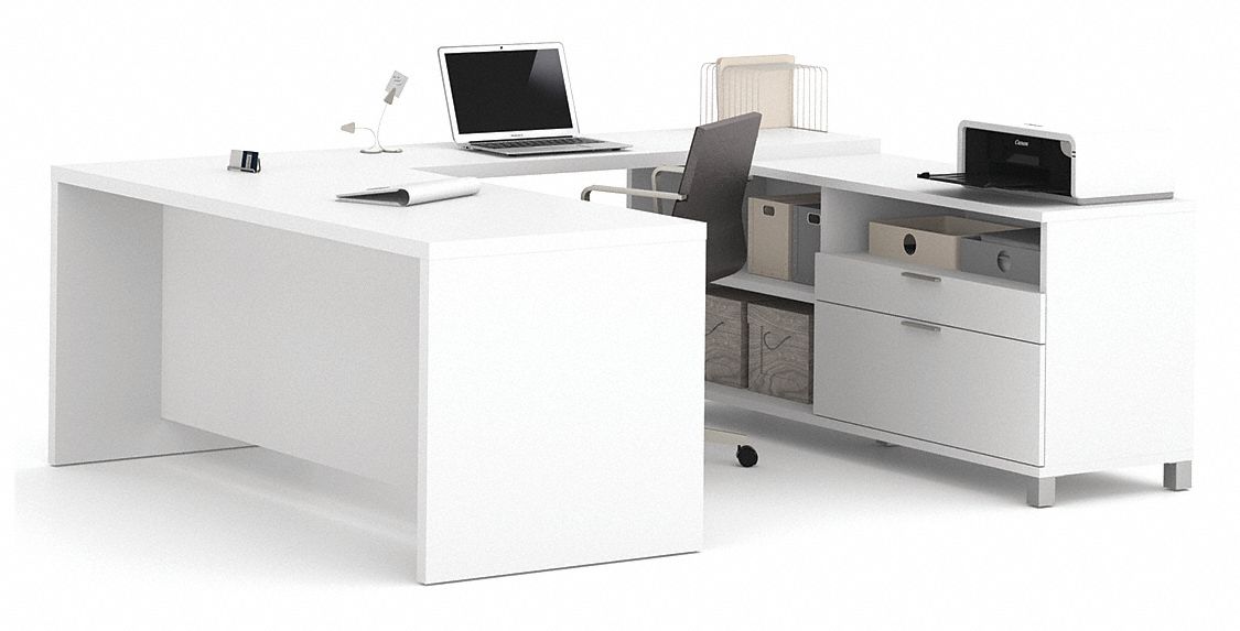 U-Shaped Office Desk: White, 71 1/8 in Overall Wd, 89 in Overall Dp, White