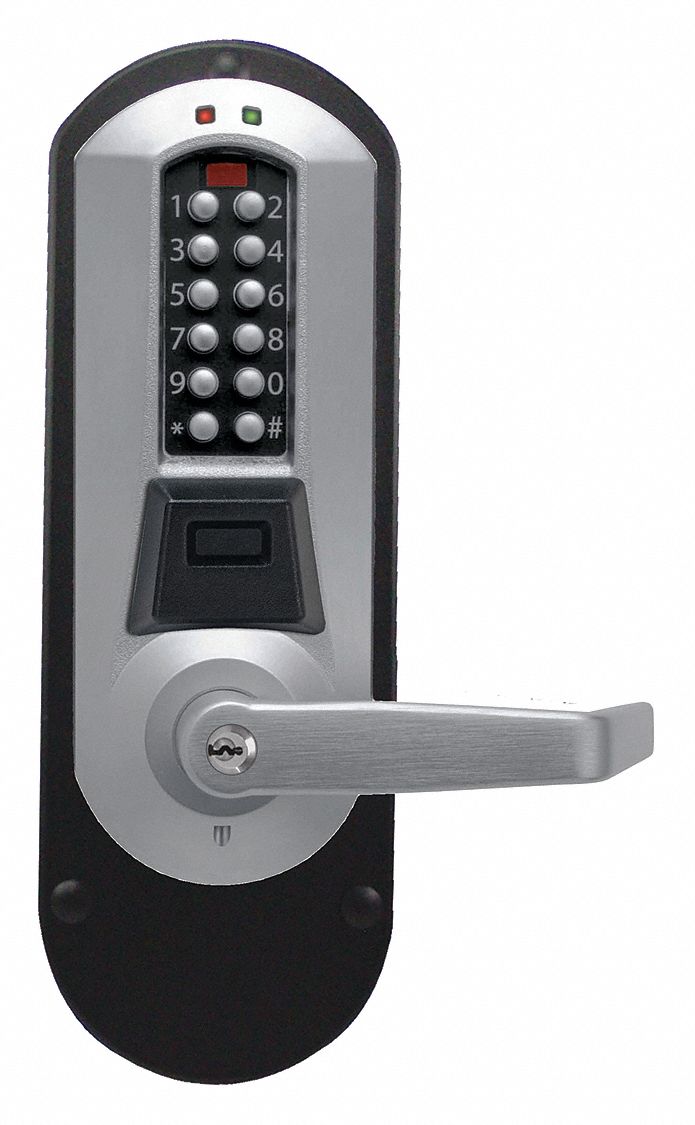 Electronic Locks: Storeroom, Keypad, Cylindrical Mounting, Metal, Satin Chrome, Lever
