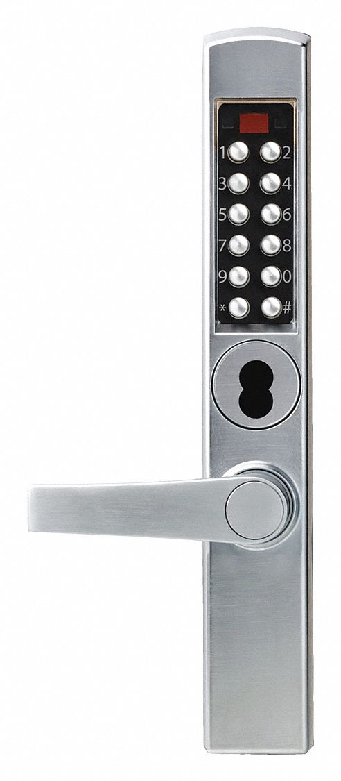 Electronic Locks: Storeroom, Keypad, Narrow Stile Mounting, Metal, Satin Chrome, Lever