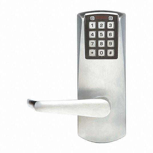 Electronic Locks: Storeroom, Keypad, Cylindrical Mounting, Metal, Satin Chrome, 2000
