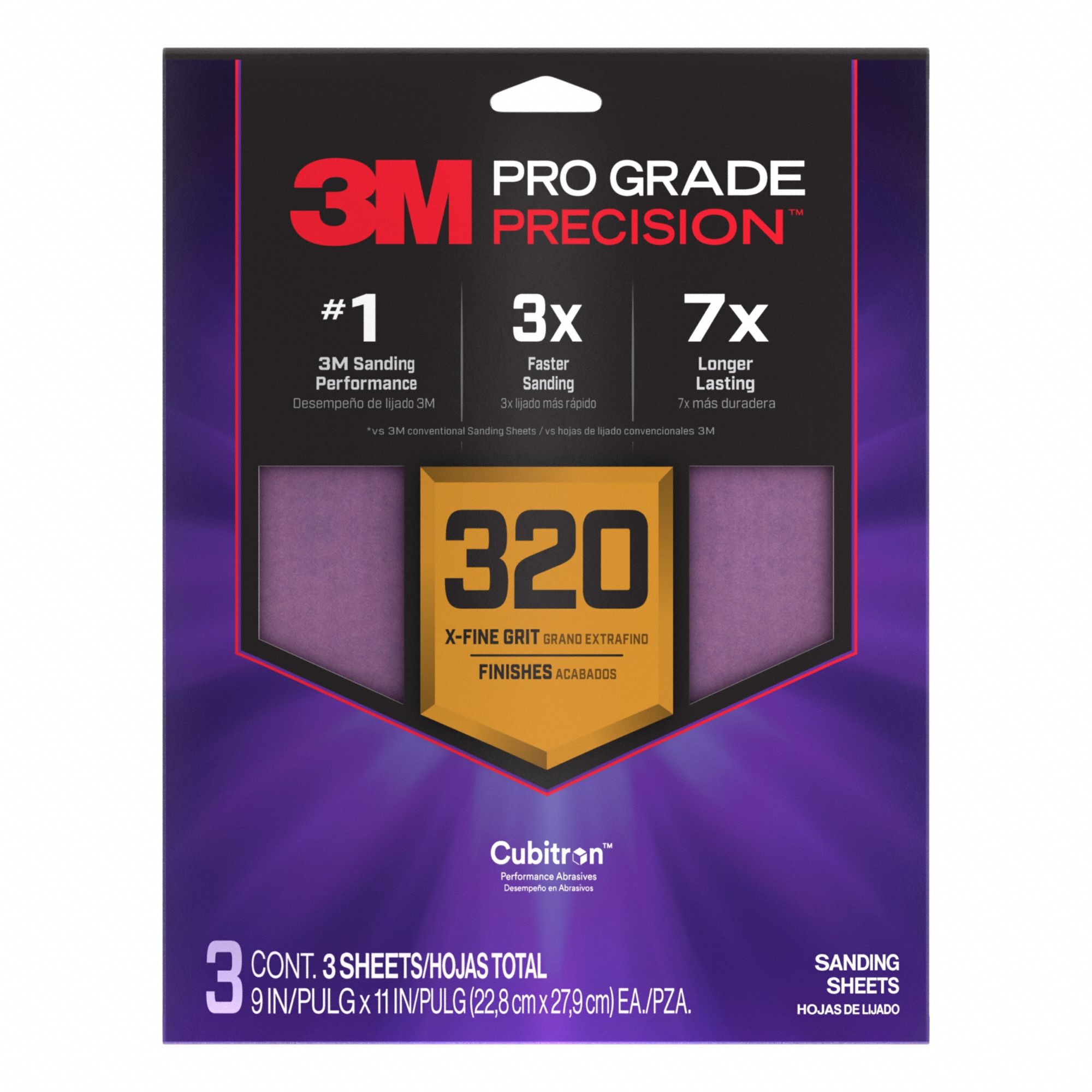 Sanding Sheet: 9 in W x 11 in L, Ceramic, 320 Grit, Pro Grade Precision, 3 PK