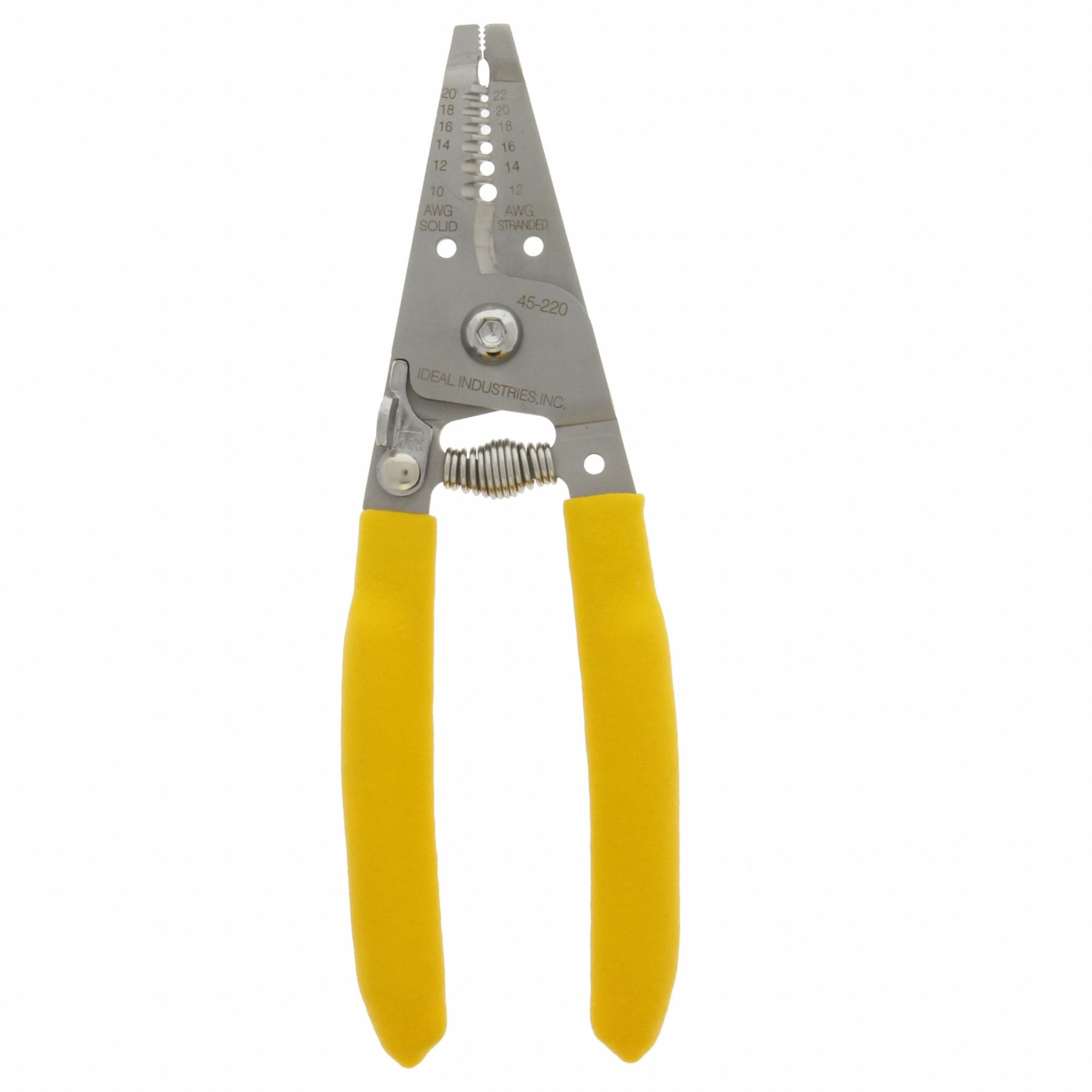 Wire Stripper: 18 AWG to 10 AWG, 8 in Overall Lg, Strip, Std Cushion Grip, 6 - 8 in, 45-220