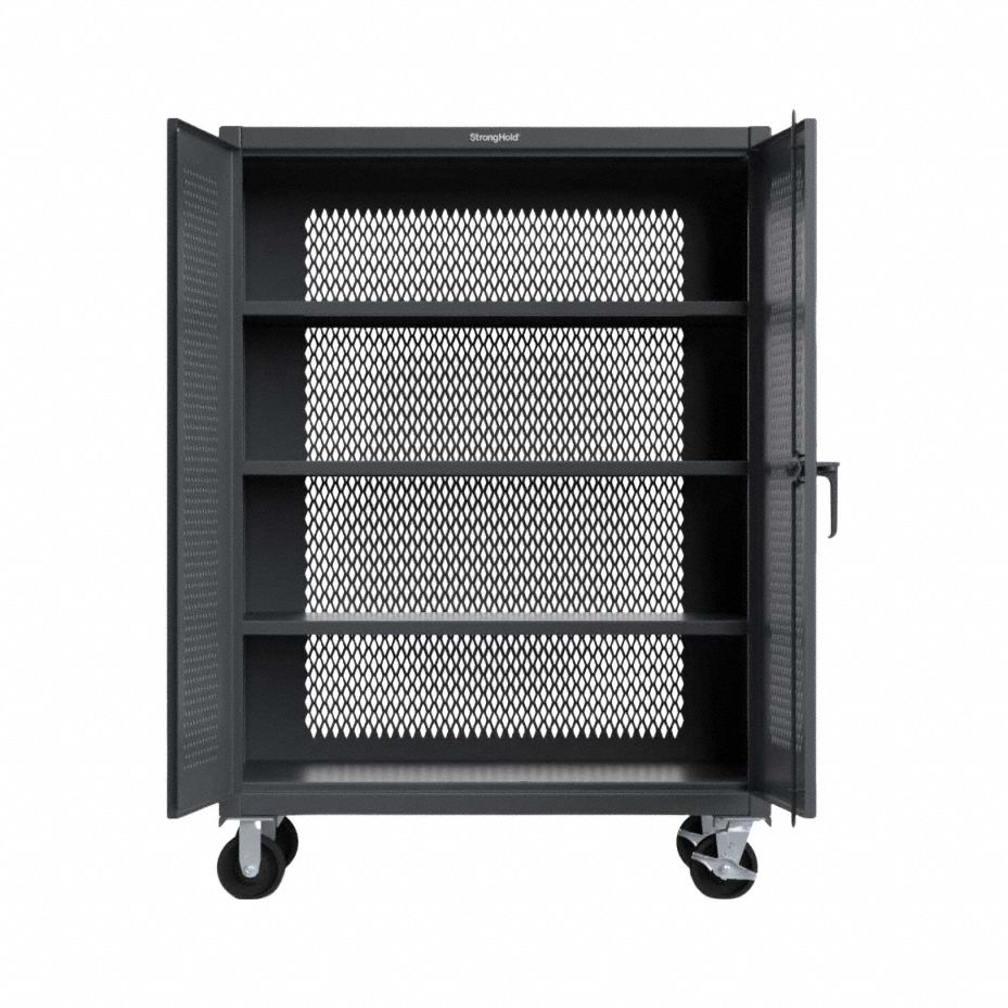 STRONG HOLD Storage Cabinet: 48 in x 24 in x 67 in, 3 Adj Shelves, Swing Handle & Padlock Hasp, Gray (MPN 45-VB-243-CA). Key specifications — Brand: STRONG HOLD; Body Panel Type: Ventilated; Cabinet Color: Dark Gray; Frame Assembled: Assembled.