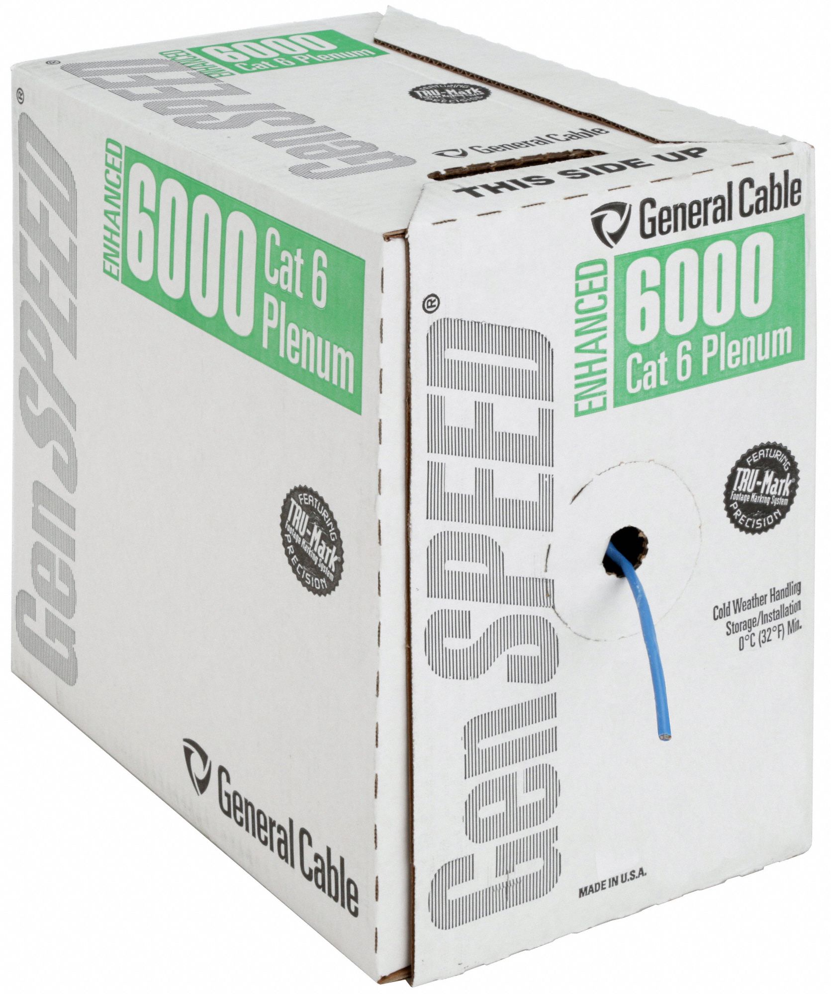 Category Cable: 1, 000 ft Cable Lg, 23 AWG, Plenum, Blue, PVC, Enhanced, 7131900, 6, 4 Pairs