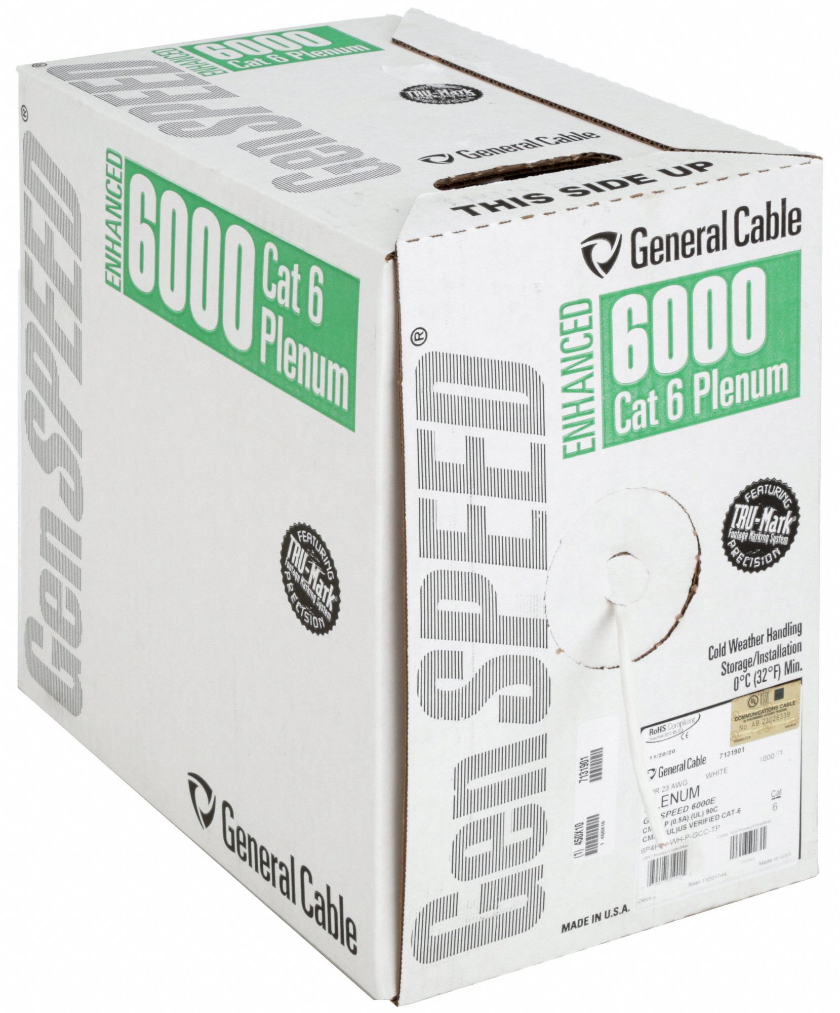 Category Cable: 1, 000 ft Cable Lg, 23 AWG, Plenum, White, PVC, Enhanced, 7131901, 6, Solid