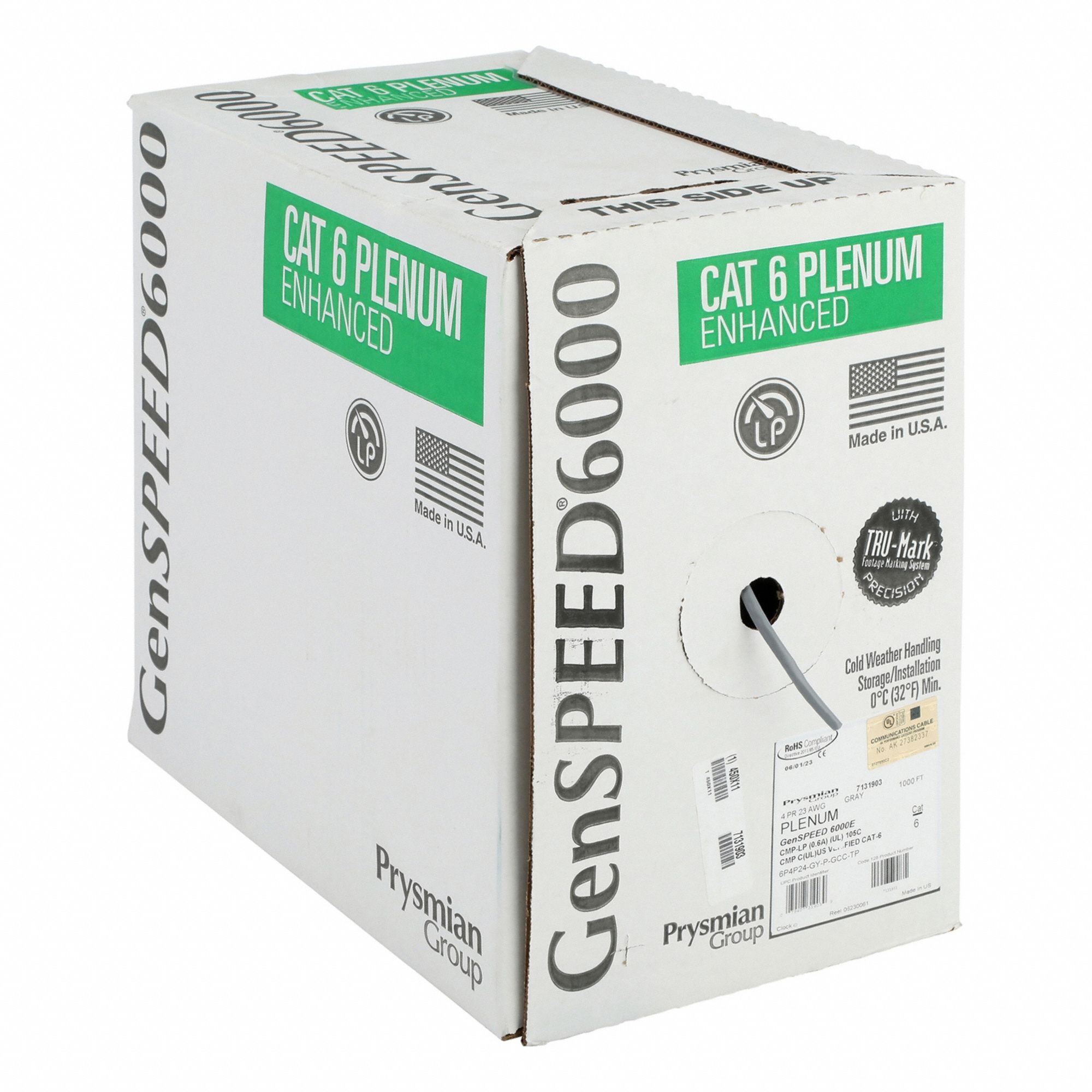 Category Cable: 1, 000 ft Cable Lg, 23 AWG, Plenum, Gray, PVC, Enhanced, 7131903, 6, 4 Pairs