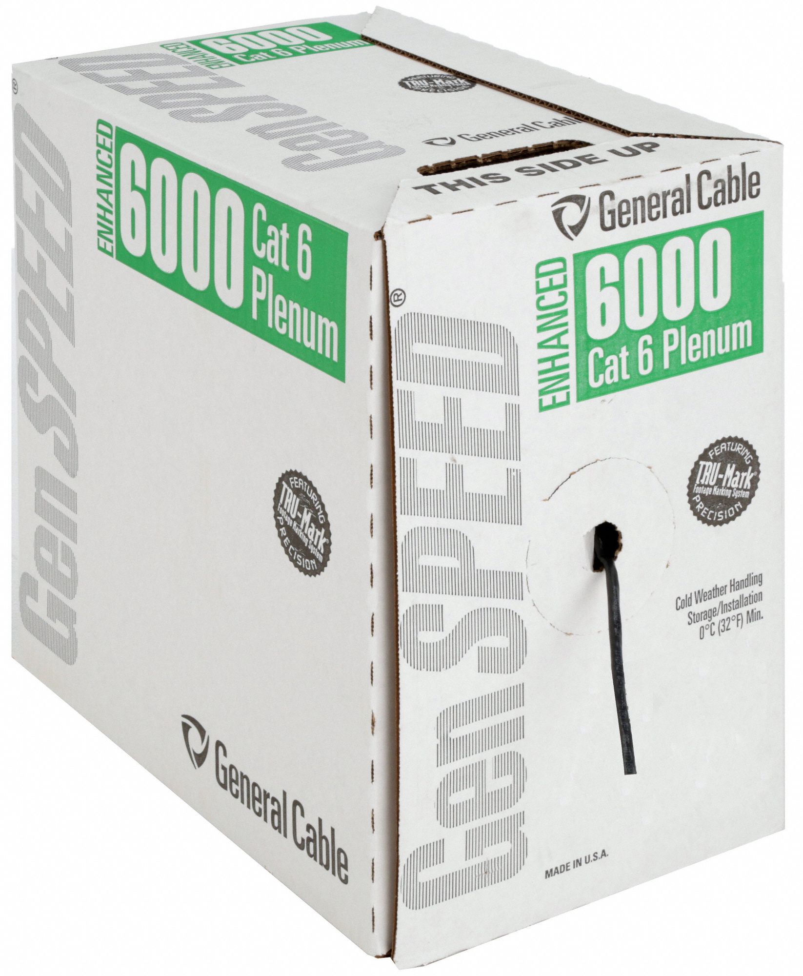 Category Cable: 1, 000 ft Cable Lg, 23 AWG, Plenum, Black, PVC, Enhanced, 7131907, 6, Solid