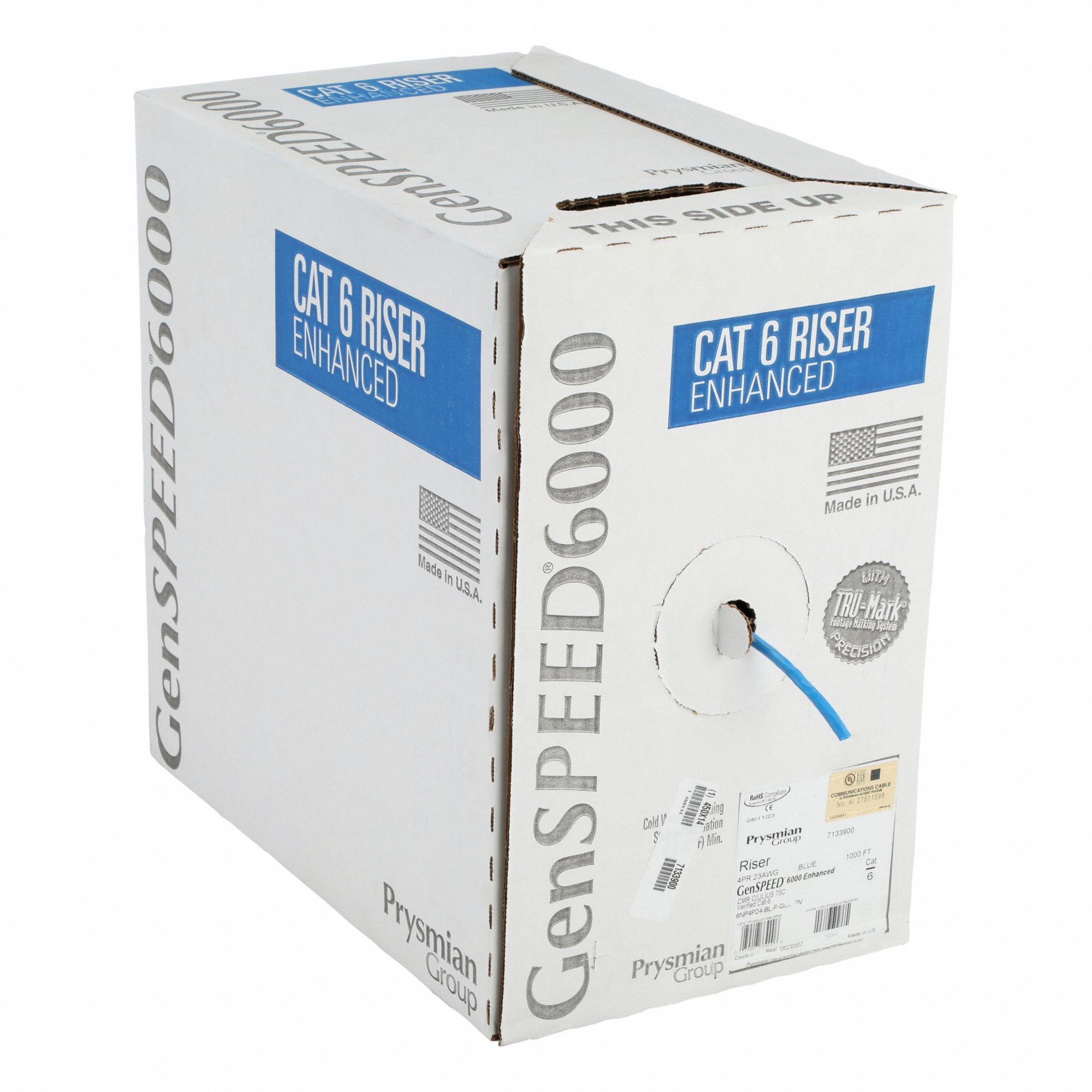 Category Cable: 1, 000 ft Cable Lg, 23 AWG, Riser, Blue, PVC, Enhanced, 7133900, 6, 4 Pairs